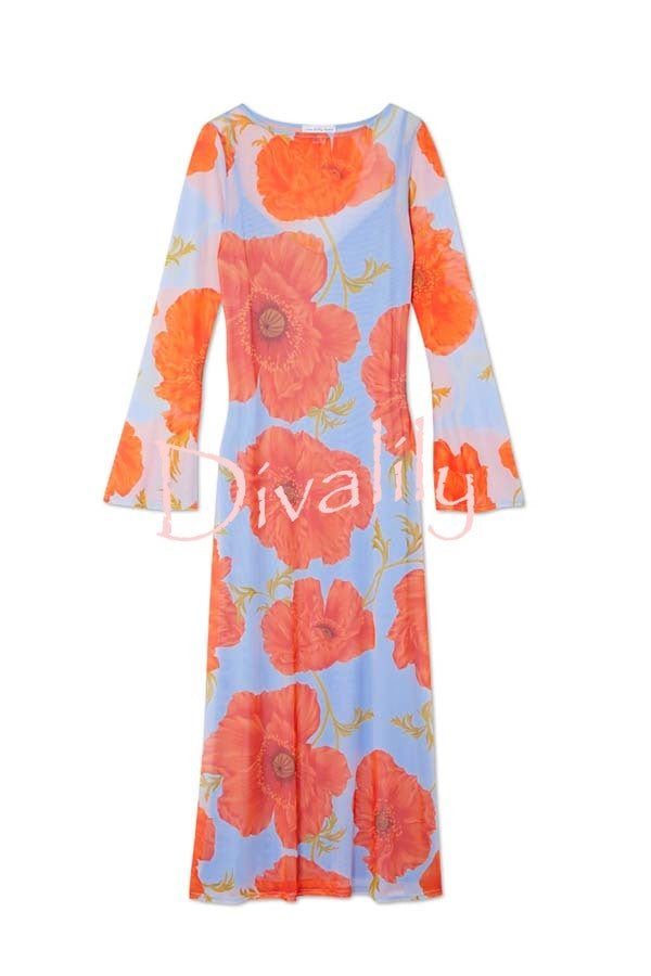 Perfect Cross-season Mesh Poppy Flower Print Long Sleeve Stretch Maxi Dress