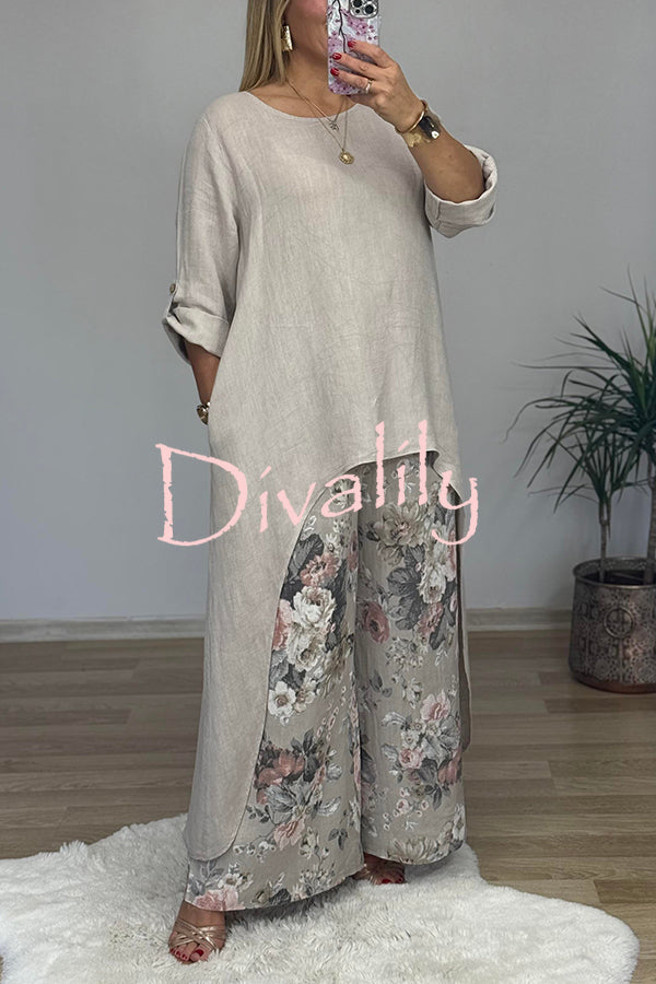 Linen Blend Crew Neck Long Sleeve Irregular Loose Top and Elastic Waist Floral Print Casual Pocket Set