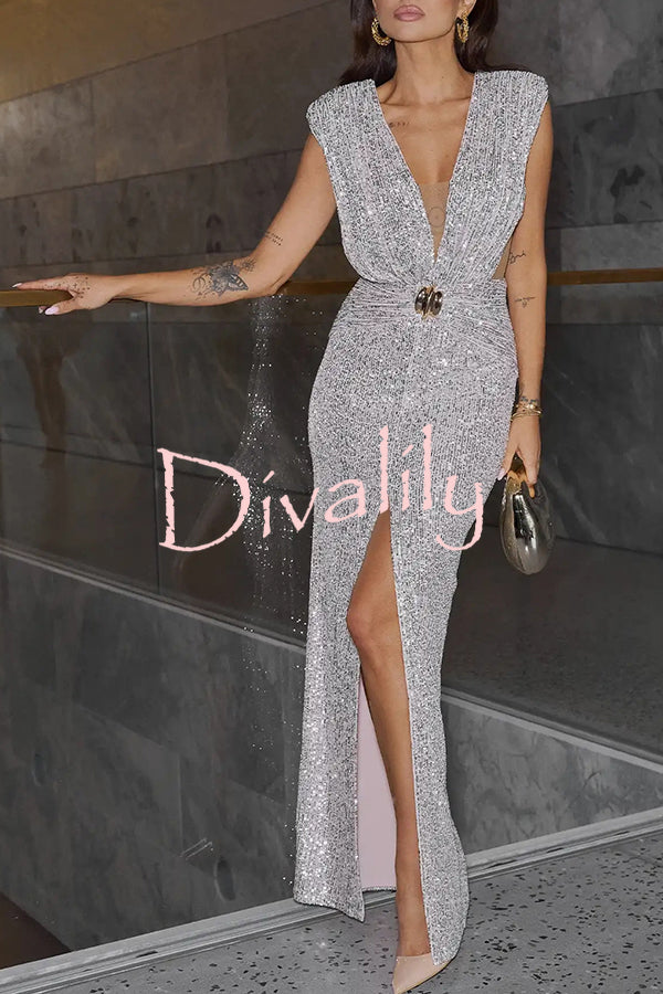 Party Season Sequin Deep V-neck Metal Buckle Ruched Waist Front Slit Maxi Dress