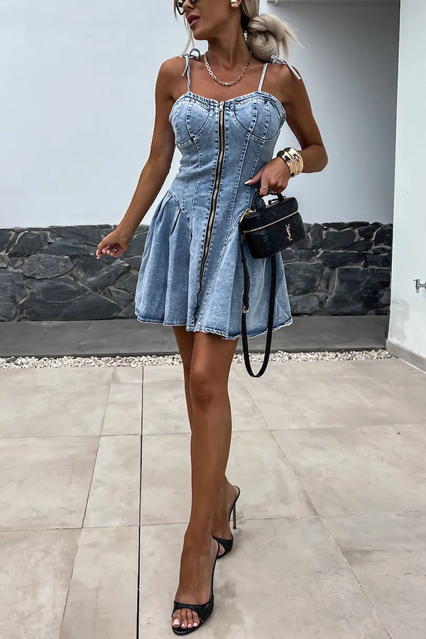 Fashionable Patchwork Suspender Zipper Slim Denim Mini Dress