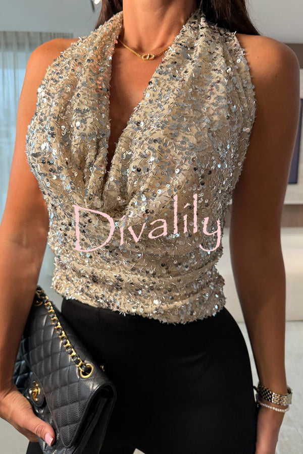 Dazzling Night Sequin Halter Cowl Neck Backless Tank