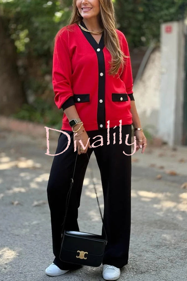 Stylish Color-blocked V-neck Knitted Button-down Cardigan and Elastic Waist Casual Wide-leg Pants Set