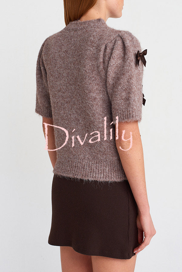 Jensin Knit Satin Bow Detail Short Sleeve Crop Sweater