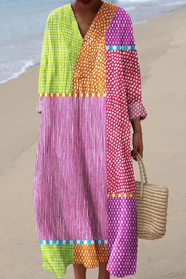 Striped Spot Print V-Neck Long Sleeve Loose Midi Dress
