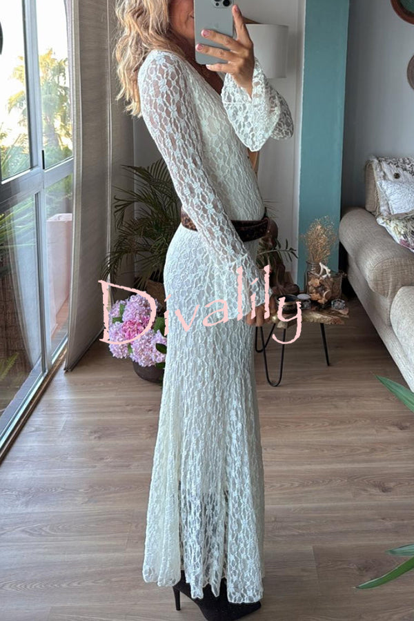 Aster Embroidered Lace Chiffon V-neck Long Bell Sleeve Stretch Flare Maxi Dress