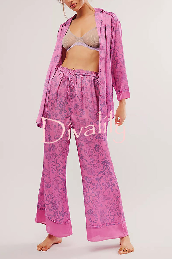 Unique Printed Lounge Long-sleeved Shirt and Elastic Waisted Baggy Pants Set