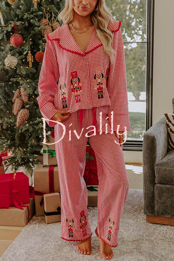 Nutcracker Charm Embroidered Gingham Loose Shirt and Elastic Waist Pajama Set