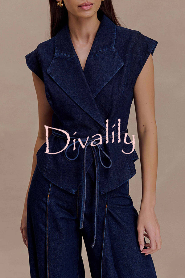 Charley Denim Button Up Cap Short Sleeve Structured Tie-up Lapel Top