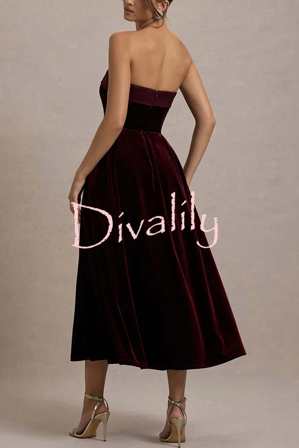 Center of Attention Velvet Satin Neck Bandeau Pleated Midi Dress