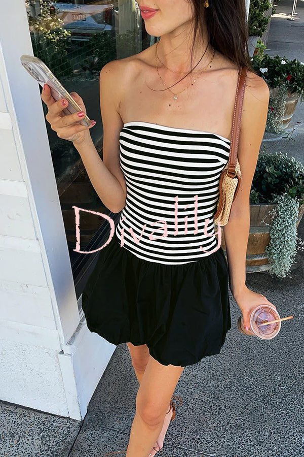 Stripe Print Paneled Pleated Tube Top Mini Dress