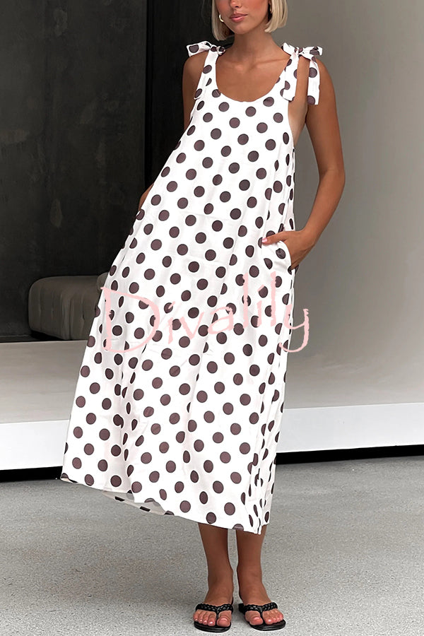 Polka Dot Print Suspenders Strappy Backless Loose Pocket Midi Dress