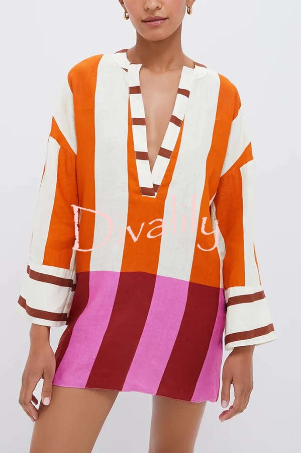 Talah Linen Blend Color Block Print V-neck Long Bell Sleeve Loose Mini Dress