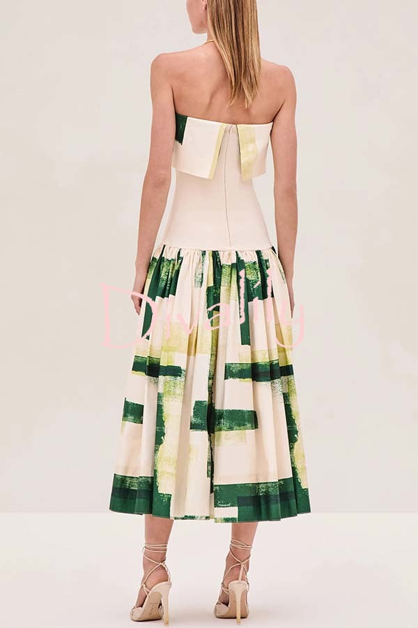 Robia Unique Print Ribbed Elastic Waist Pocketed Strapless Midi Dress