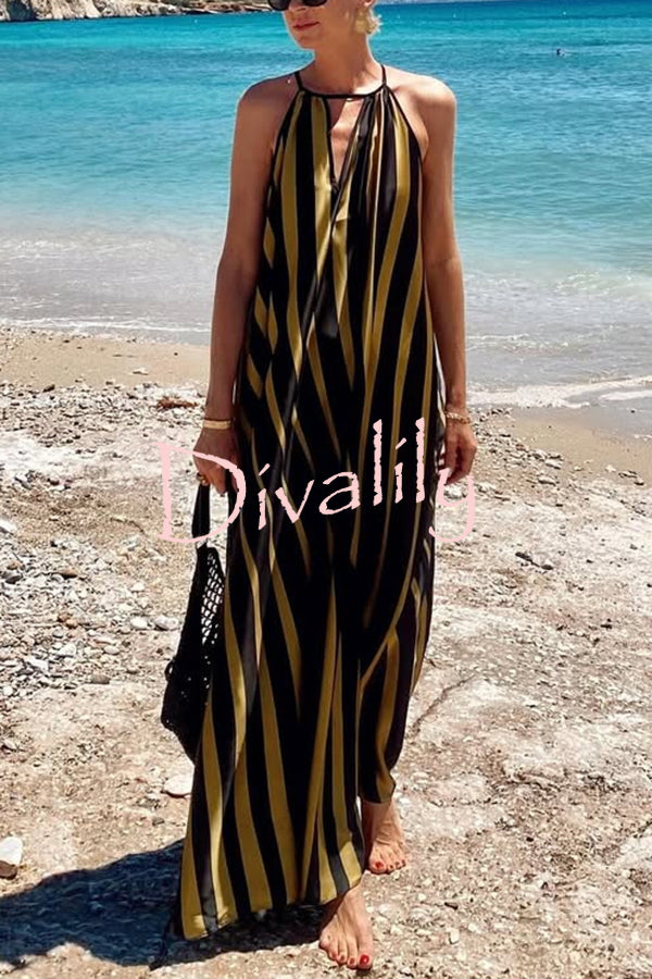 Striped Print V-Neck Loose Beach Vacation Maxi Dress