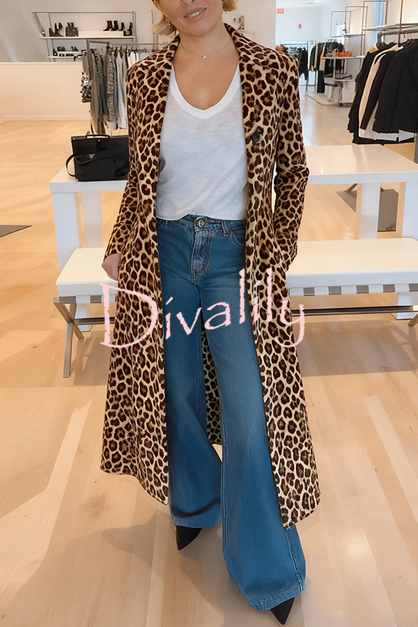 Leopard Print Long Sleeve Pocket Casual Maxi Trench Coat