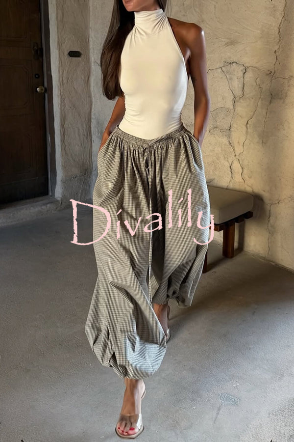 Fashion Plaid Print Elastic Waist Pocket Loose Wide-leg Pants
