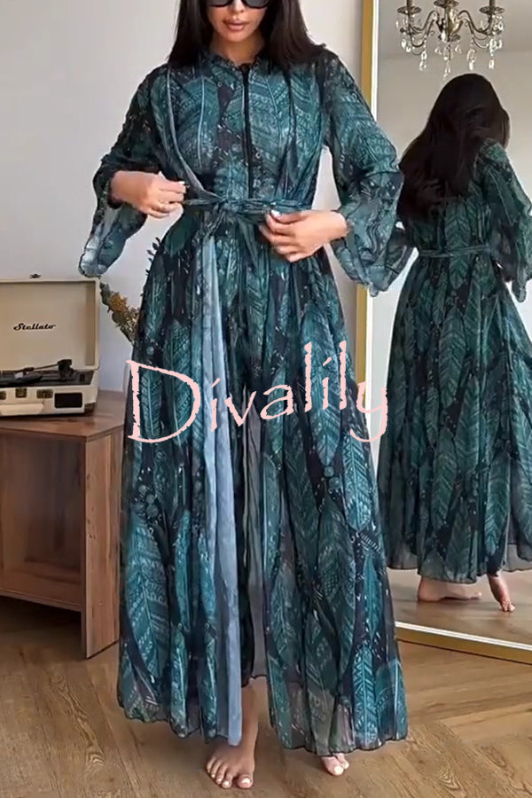 Unique Print One-piece Swimsuit and Cardigan and High Rise Pants Three-piece Set