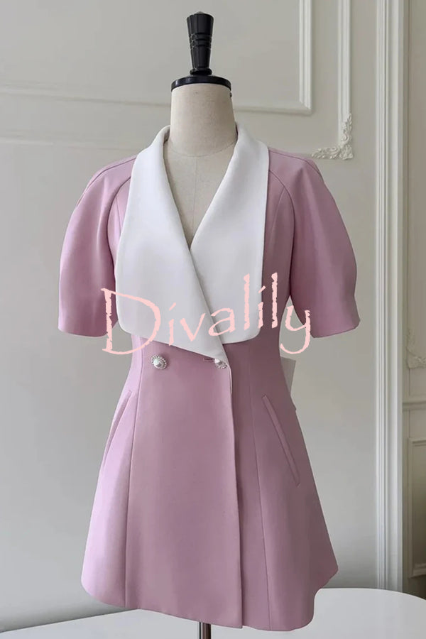 Seasonal Cheer Pearl Button Puff Sleeve Backless Bow Lapel Mini Dress