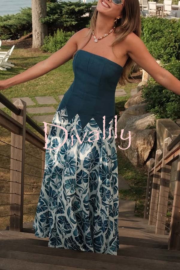 Dottie Colorblock Floral Print Drop Waist Gathered Strapless Maxi Dress