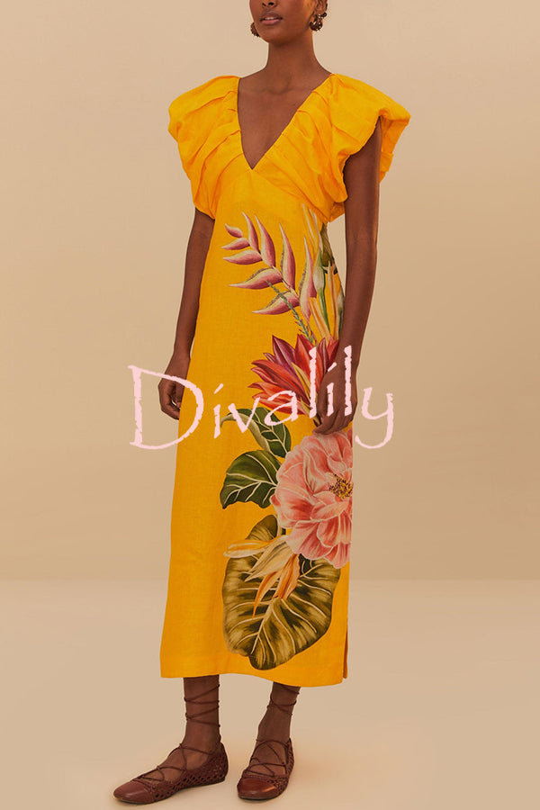 Plant Print V-neck Open Back Holiday Style Slit Midi Dress