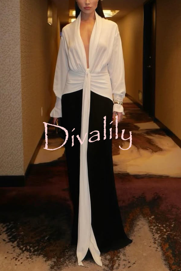 Fashion Contrast Color V-neck Tie High Waist Drape Maxi Dress