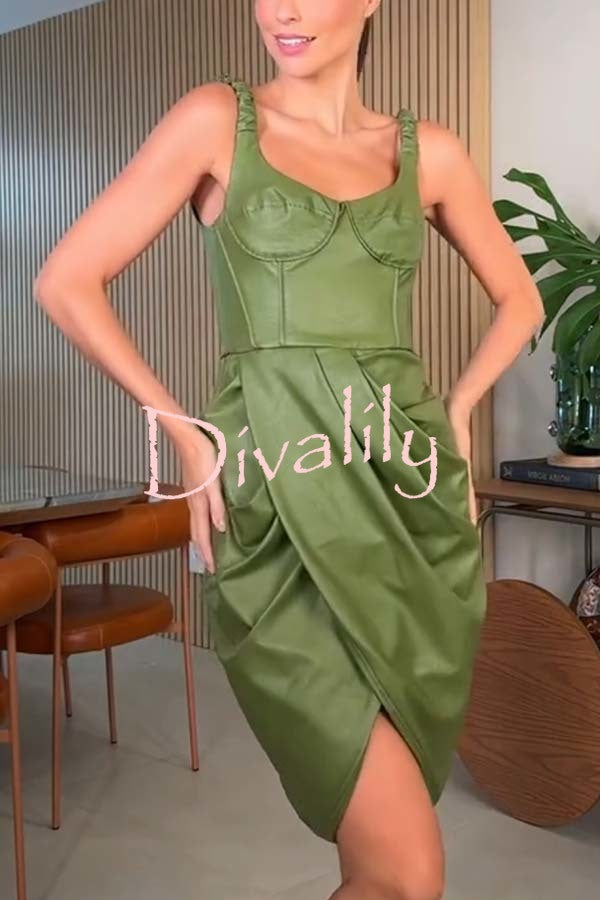 Fashion Choice Faux Leather Corset Ruched Back Zipper Mini Dress