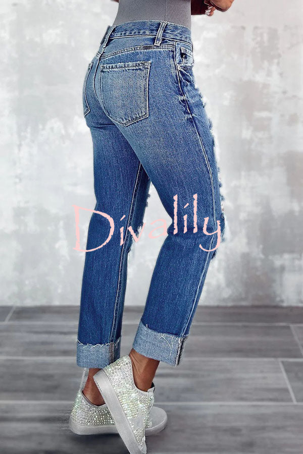 Lucy High Rise Distressed Pocketed Cuffed Hem Straight Leg Denim