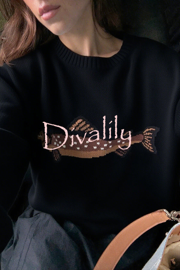 Fashionable Fish Pattern Round Neck Loose Knitted Sweater