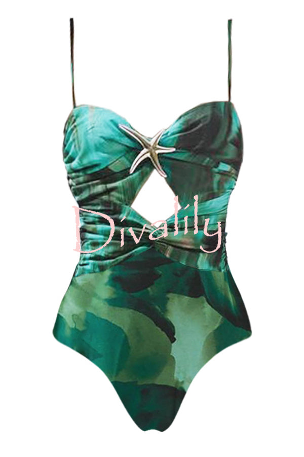 Unique Print Starfish Embellished Cutout Stretch One-piece Swimsuit