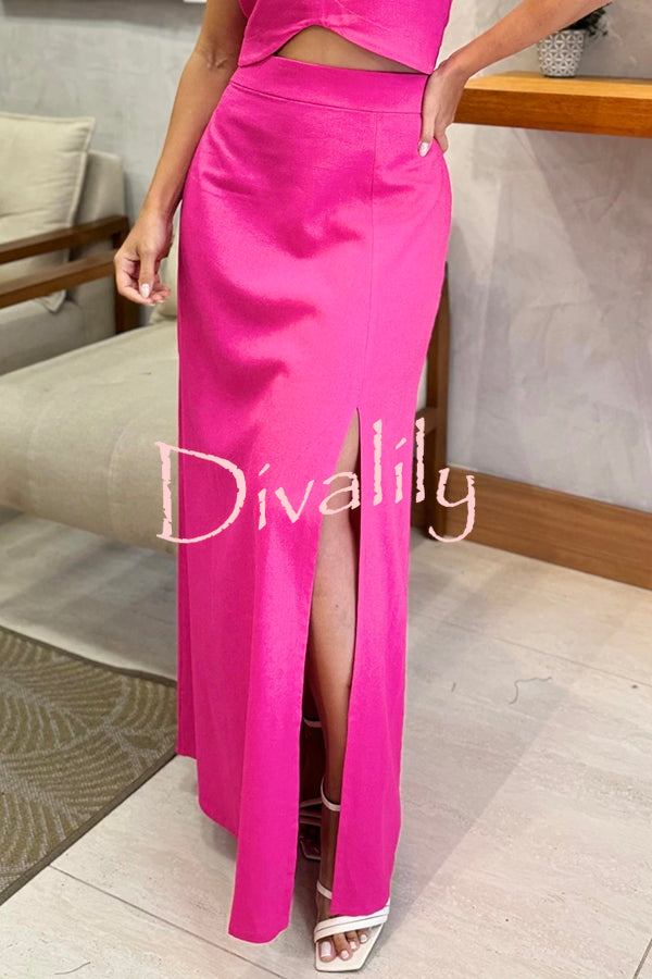 Solid Color Slim Fit Round Neck Sleeveless Top and High Waist Slit Maxi Skirt Set