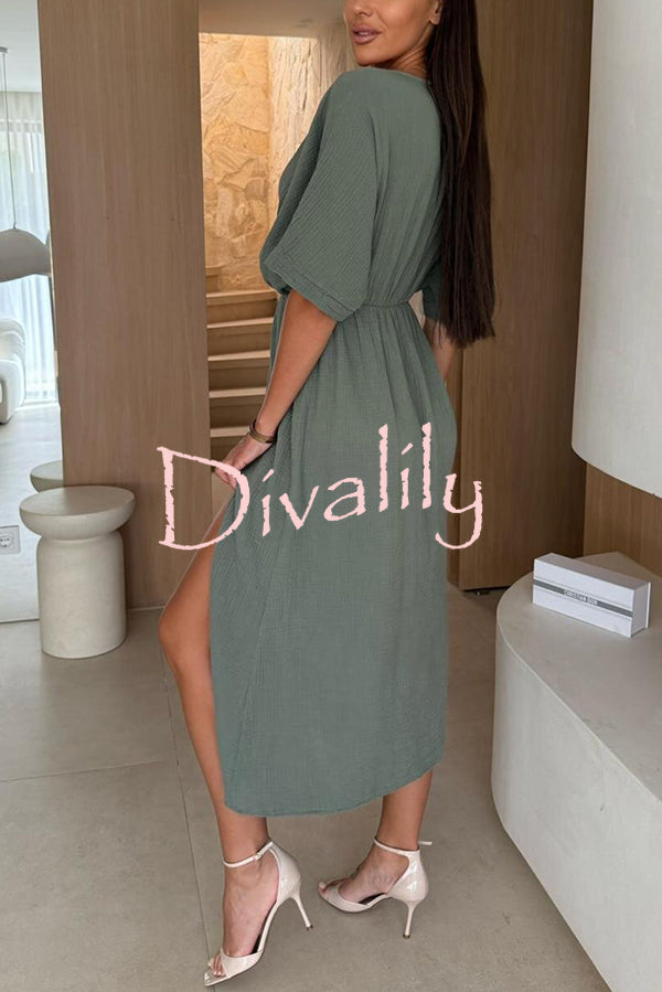 Linen Blend Solid Color V-neck Short Sleeve Waist Loose Slit Midi Dress