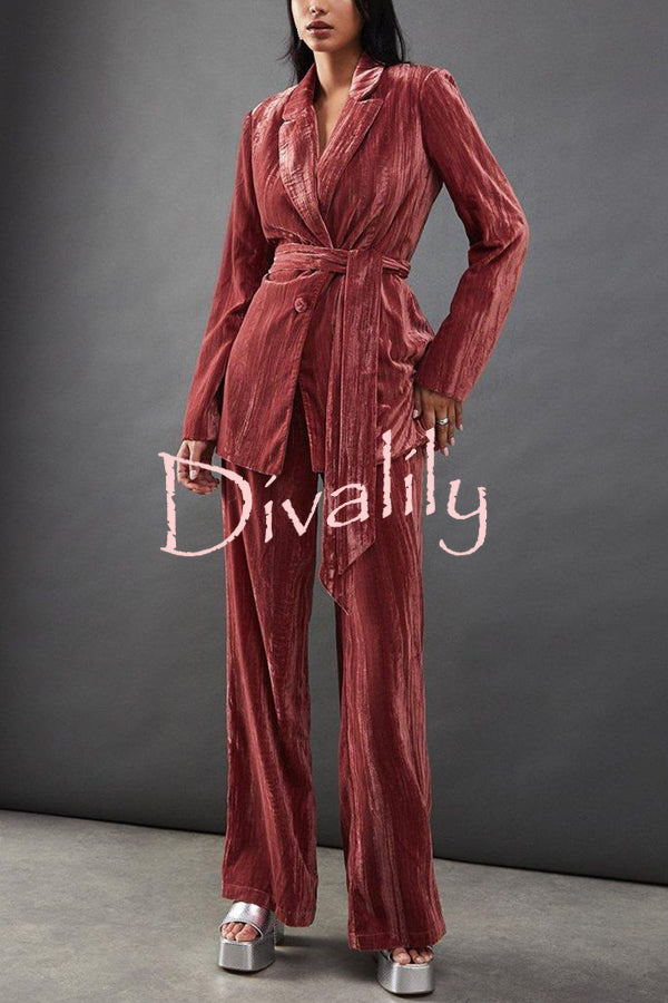 Solid Color Velvet Long-sleeved Waist Tie Top and Elastic Waist Casual Pocket Straight-leg Pants Set