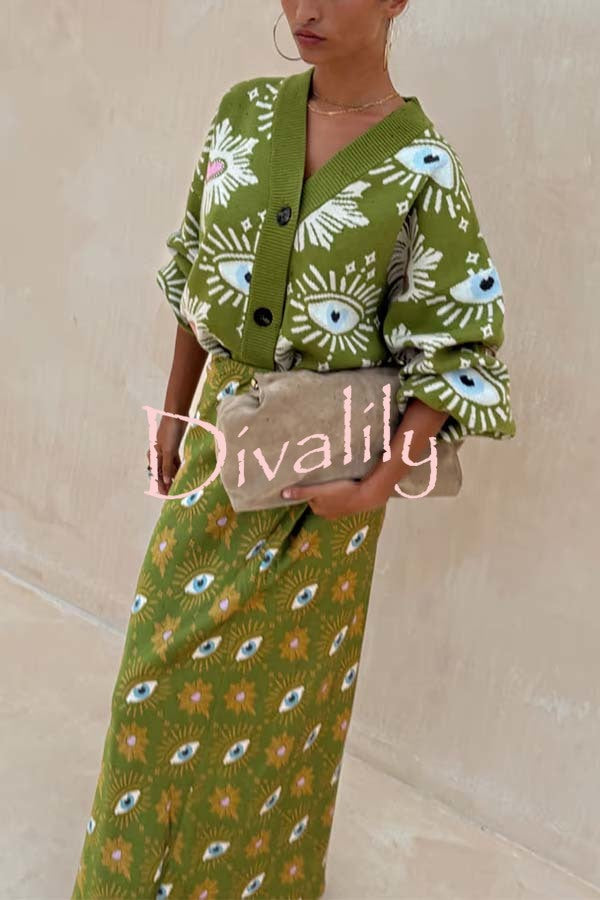 Mysterious Magic Knit Eye Heart Pattern Button Up Long Sleeve Loose Cardigan