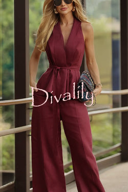 Zoella Linen Blend Tie-up Halter Lapel Vest and Elastic Waist Pocketed Loose Pants Set