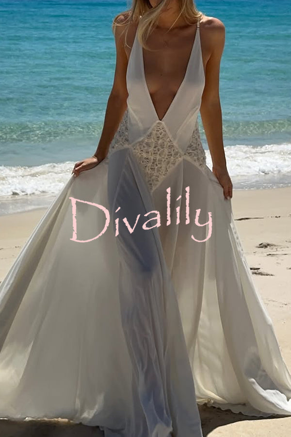 Venus By The Sea Tulle Lace Patchwork Backless Flowy Maxi Dress