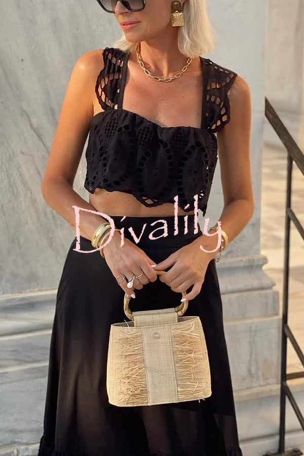 Summer City Hollow Lace Crop Tank and Elastic Waist Pocketed A-line Maxi Skirt Set