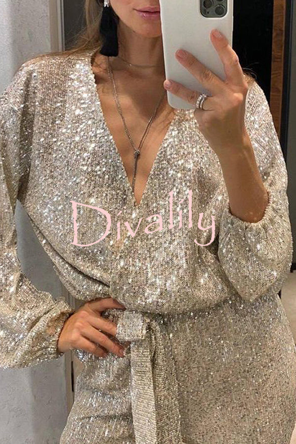 Cheers To You Sequin Long Sleeve Belted Wrap Loose Jumpsuit