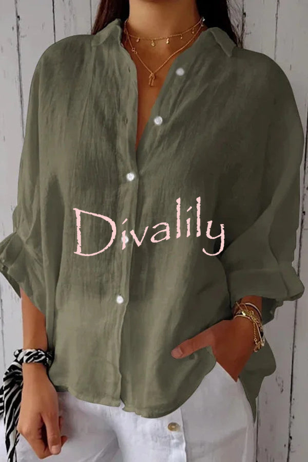 Linen Blend Solid Color Tie Back Loose Shirt Top