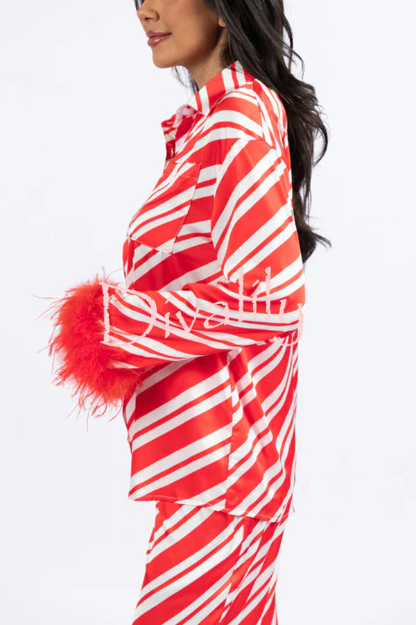 Christmas Party Striped Print Pocket Feather Elastic Waist Pajama Set