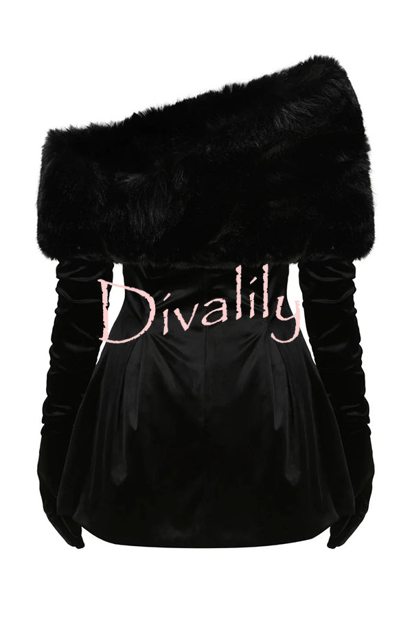 Stylish Velvet Off-shoulder Fitted Mini Dress and Fluffy Shawl, Velvet Gloves Three-piece Set
