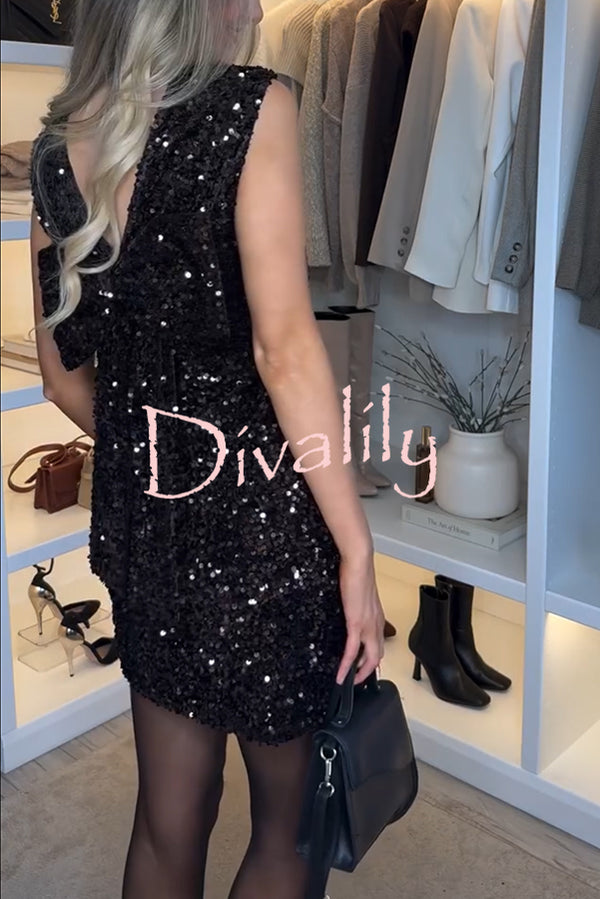 Glam Season Velvet Sequin Back Oversized Bow Design Sleeveless Loose Mini Dress