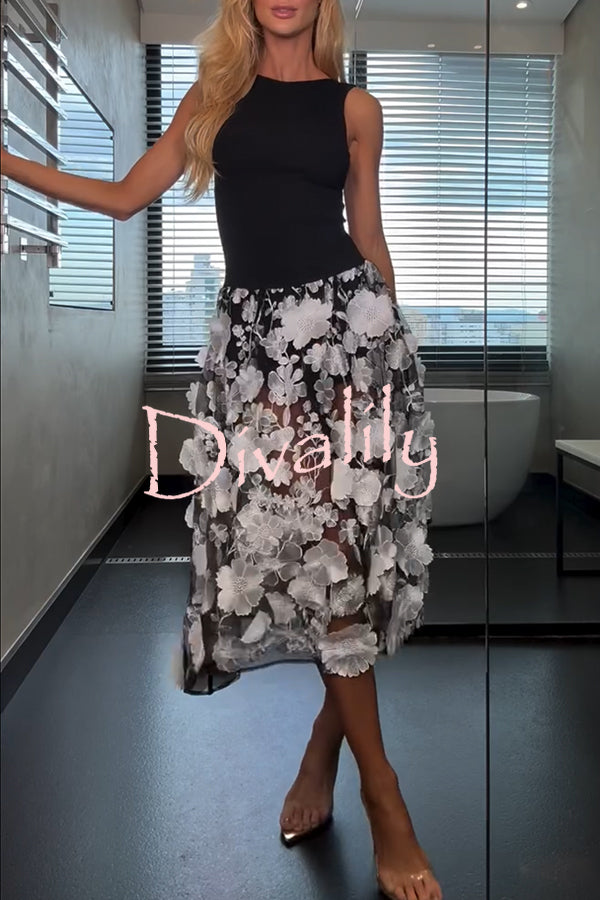 Nalie Knit and 3D Embroidery Floral Lace Hem Back Zipper Midi Dress