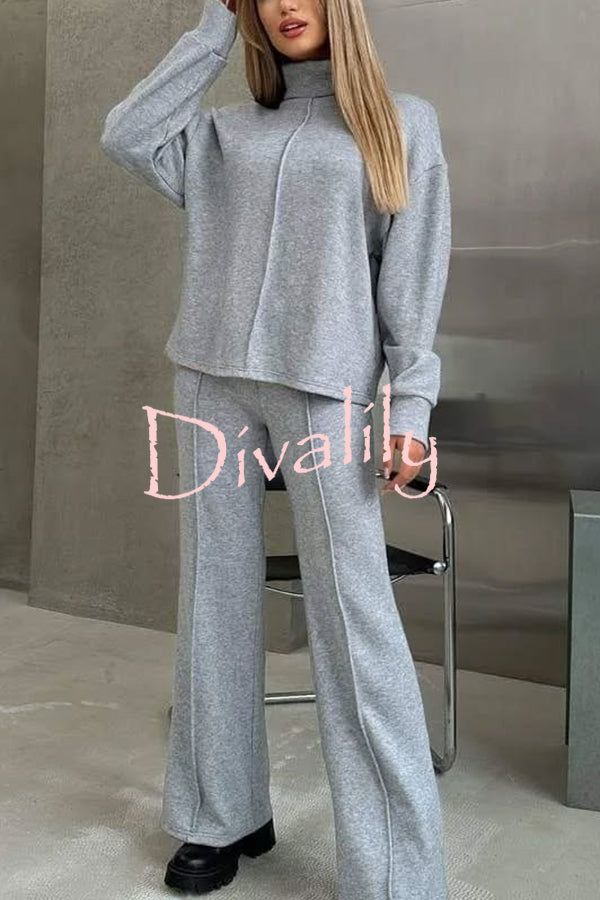 Solid Color Casual Knitted High Neck Long Sleeve Top and Elastic Waist Loose Pants Set