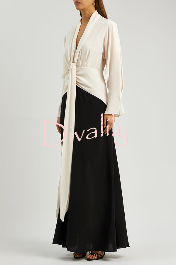 Fashion Contrast Color V-neck Tie High Waist Drape Maxi Dress