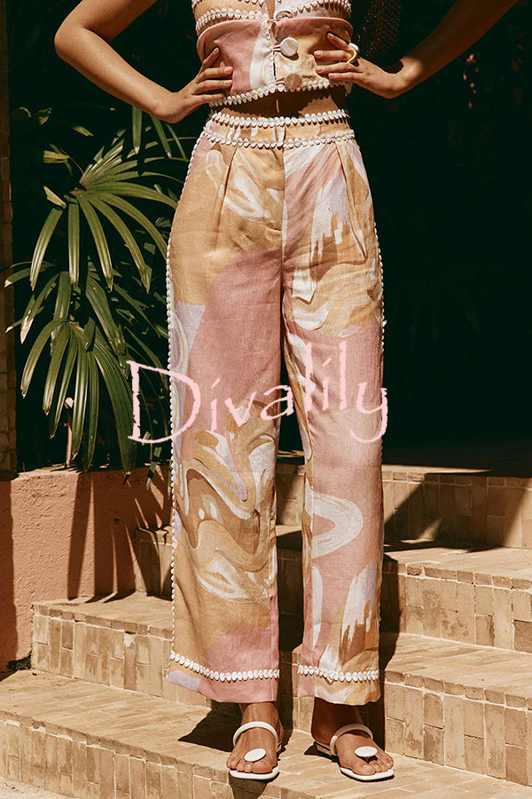 European Summer Linen Blend Ric Rac Trims High Rise Pocket Loose Pants
