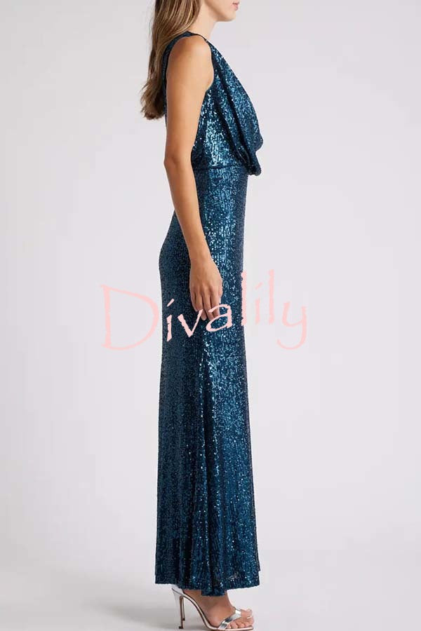 Born To Party Sequin Cowl Neck Drape Gown Stretch Maxi Dress