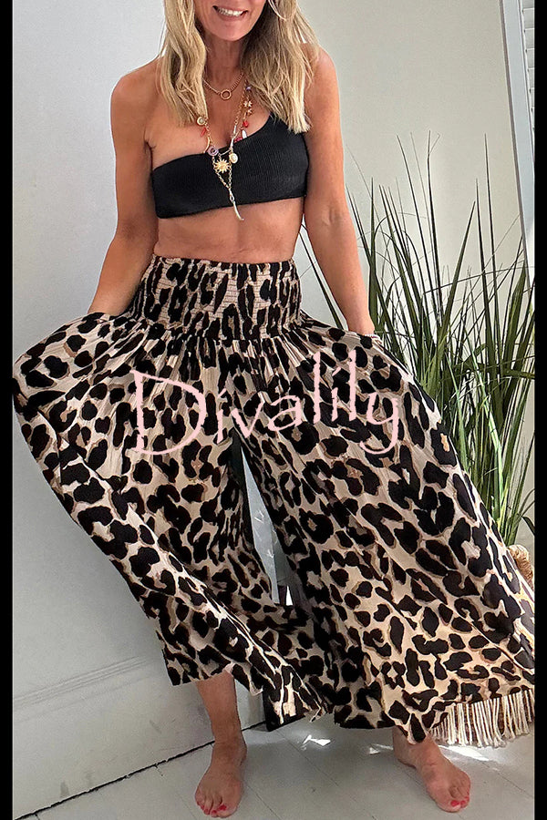 Stella Leopard Print High Rise Smocked Waist Pocketed Wide Leg Pants