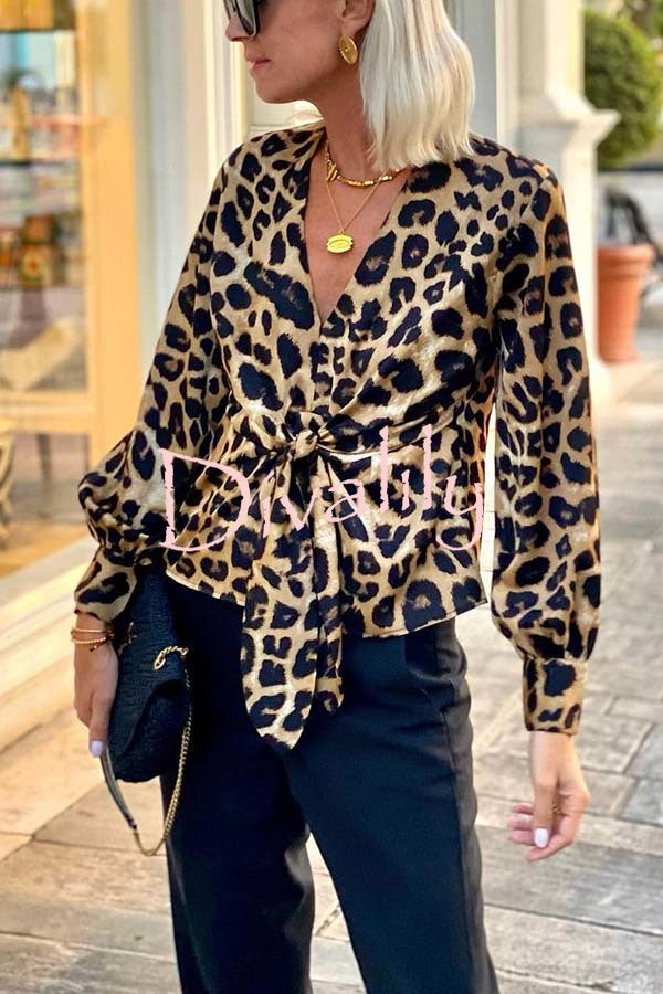 Janae Leopard Print Front Tie-up Lantern Sleeve Casual Blouse