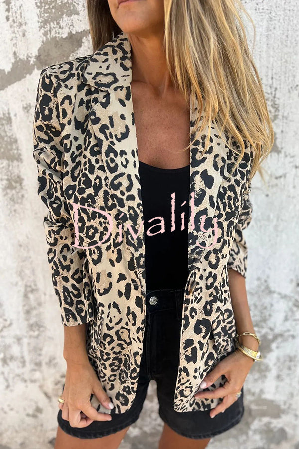 Leopard Print Lapel Long Sleeve Casual Blazer