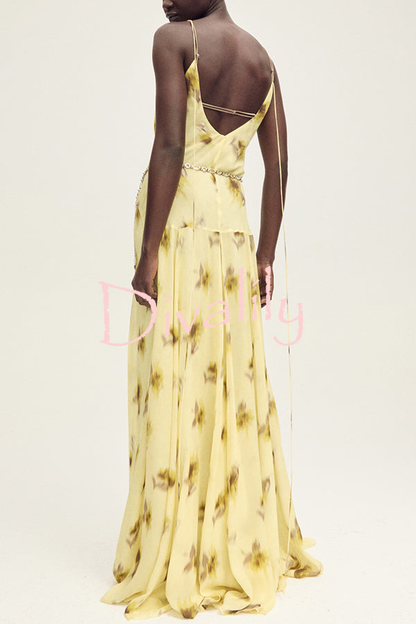 Sunset Glow Floral Print V-neck Thin Straps Flare Hem Maxi Dress